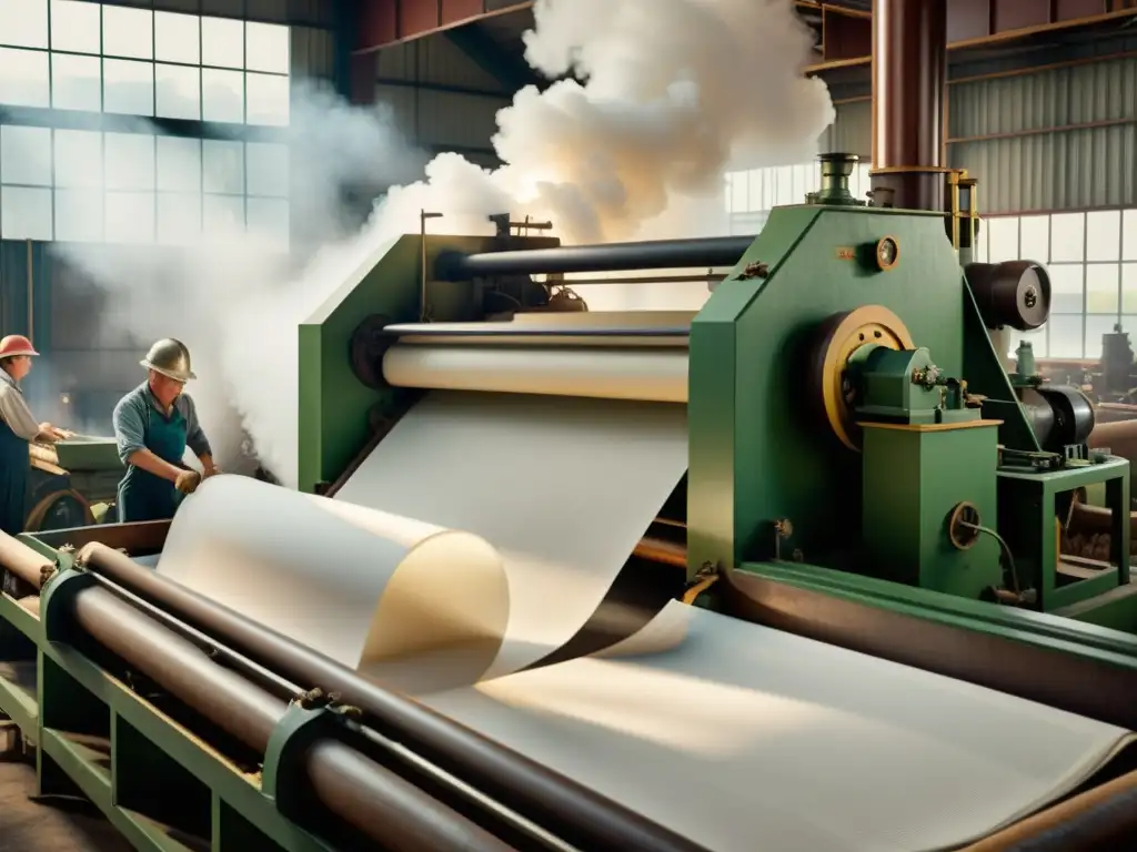 Trabajadores en una antigua fábrica de papel reciclado, maquinaria vintage en medio de vapor y fibras de papel