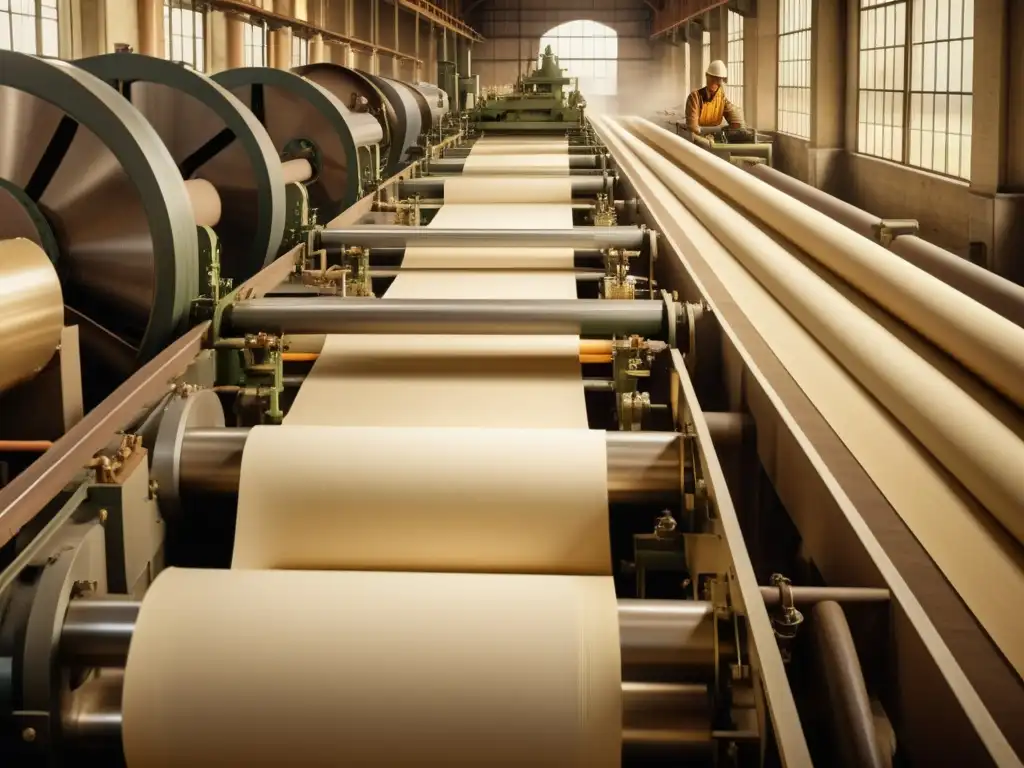 Trabajadores en una antigua fábrica de papel biodegradable, produciendo rollos con maquinaria vintage