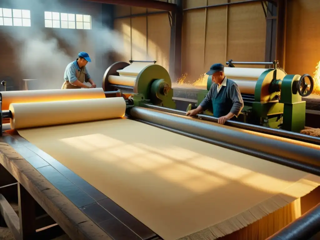 Trabajadores artesanales en una antigua fábrica de papel, mostrando el proceso tradicional de fabricación