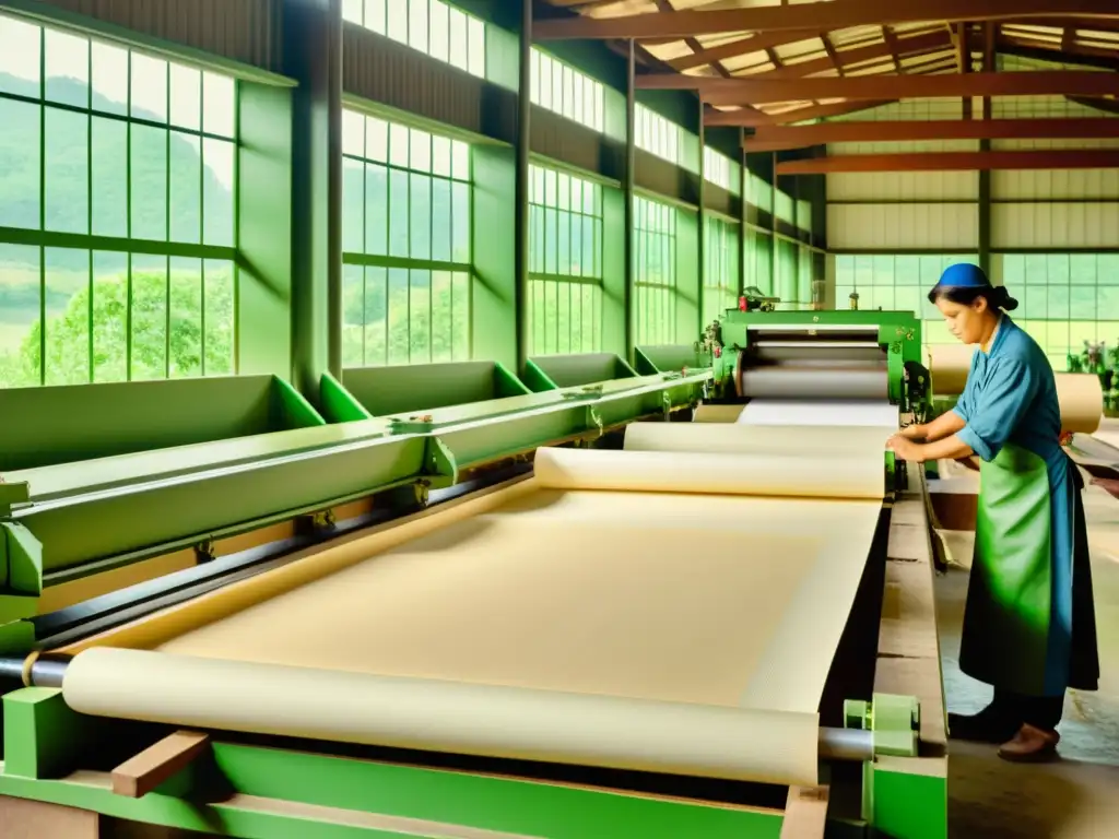 Trabajadores artesanales fabricando papel en una antigua fábrica, rodeada de exuberante vegetación