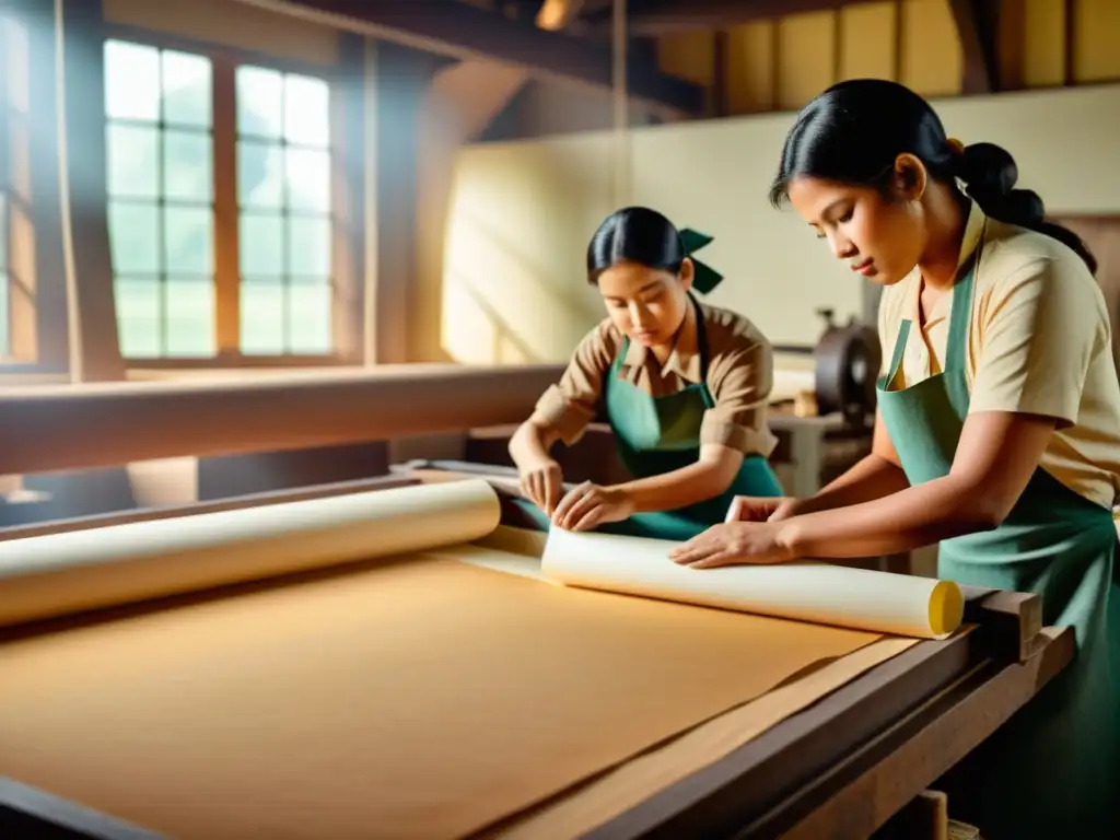 Trabajadores artesanales elaborando papel en una antigua fábrica, evocando la nostalgia de la producción tradicional