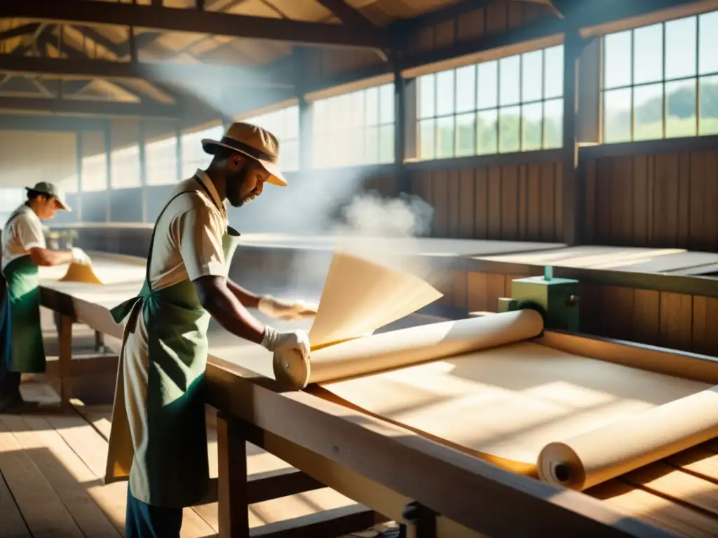 Trabajadores artesanales fabricando papel en una antigua fábrica, evocando el impacto del papel en la era digital