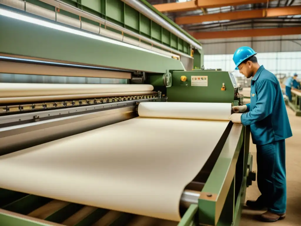 Trabajadores artesanales inspeccionan papel en una fábrica vintage, con maquinaria moderna creando diseños personalizados