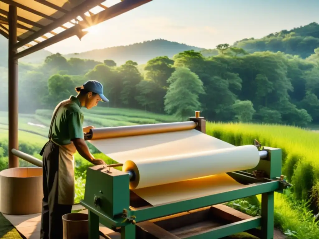 Trabajadores artesanales elaborando papel en una fábrica tradicional entre exuberante naturaleza