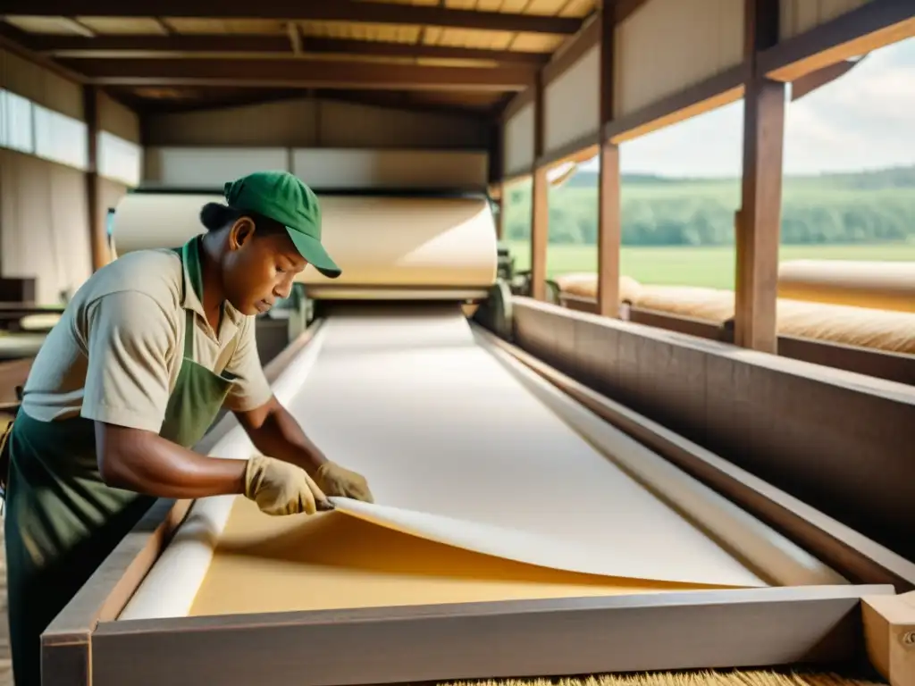 Trabajadores artesanales crean papel a mano en una tradicional fábrica de papel, con proyecciones artísticas en papel evolutivo