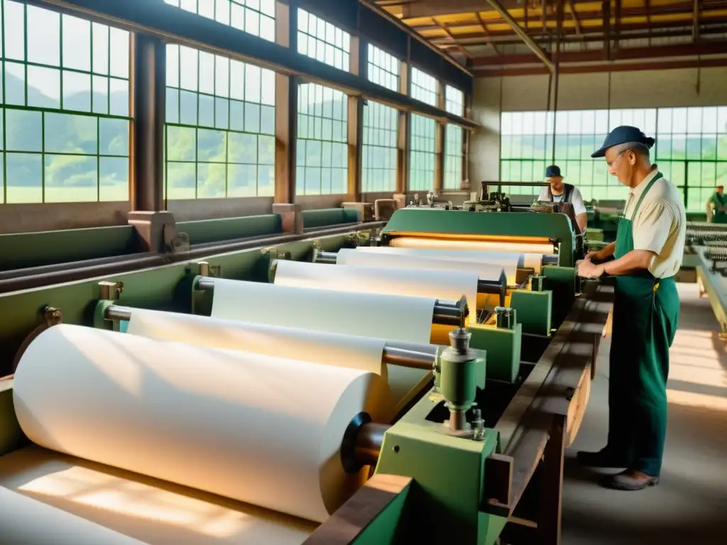 Trabajadores artesanales fabricando papel en molino vintage, rodeados de vegetación exuberante