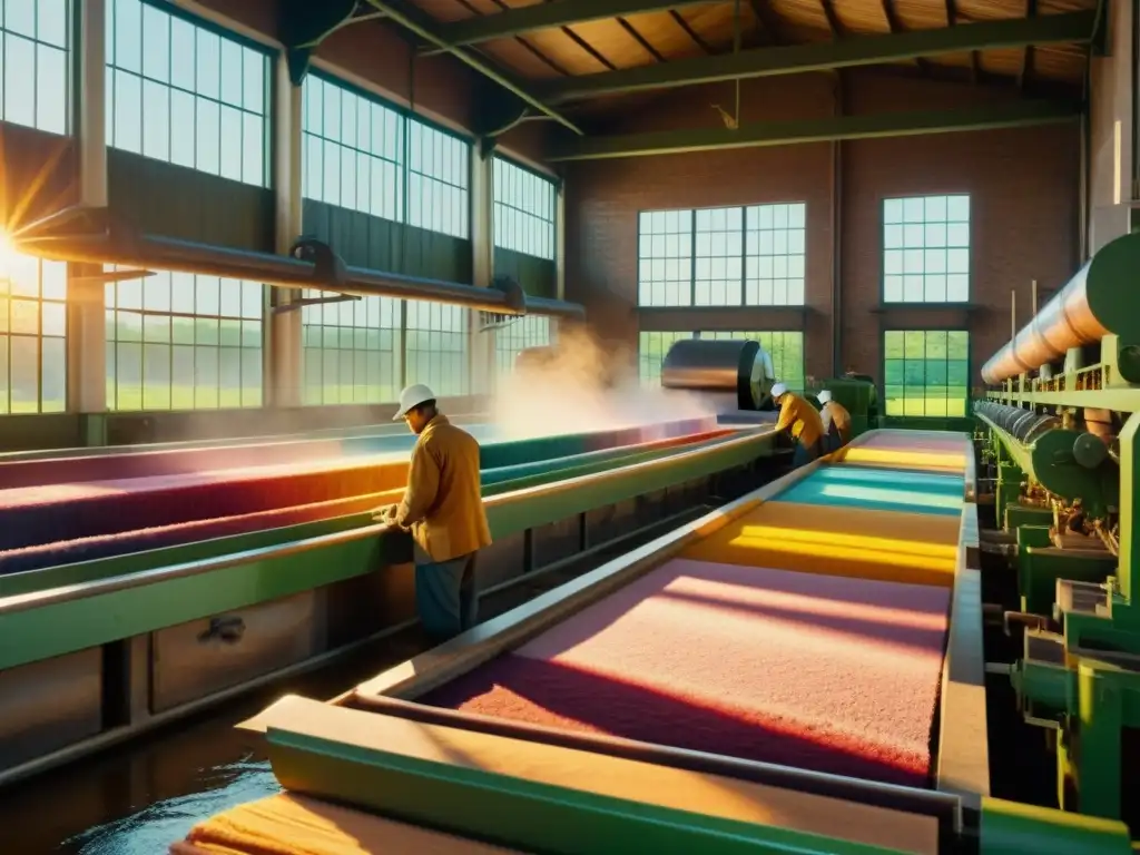 Trabajadores añadiendo colorantes naturales a la pulpa en una antigua fábrica de papel, evolución colorantes fabricación papel