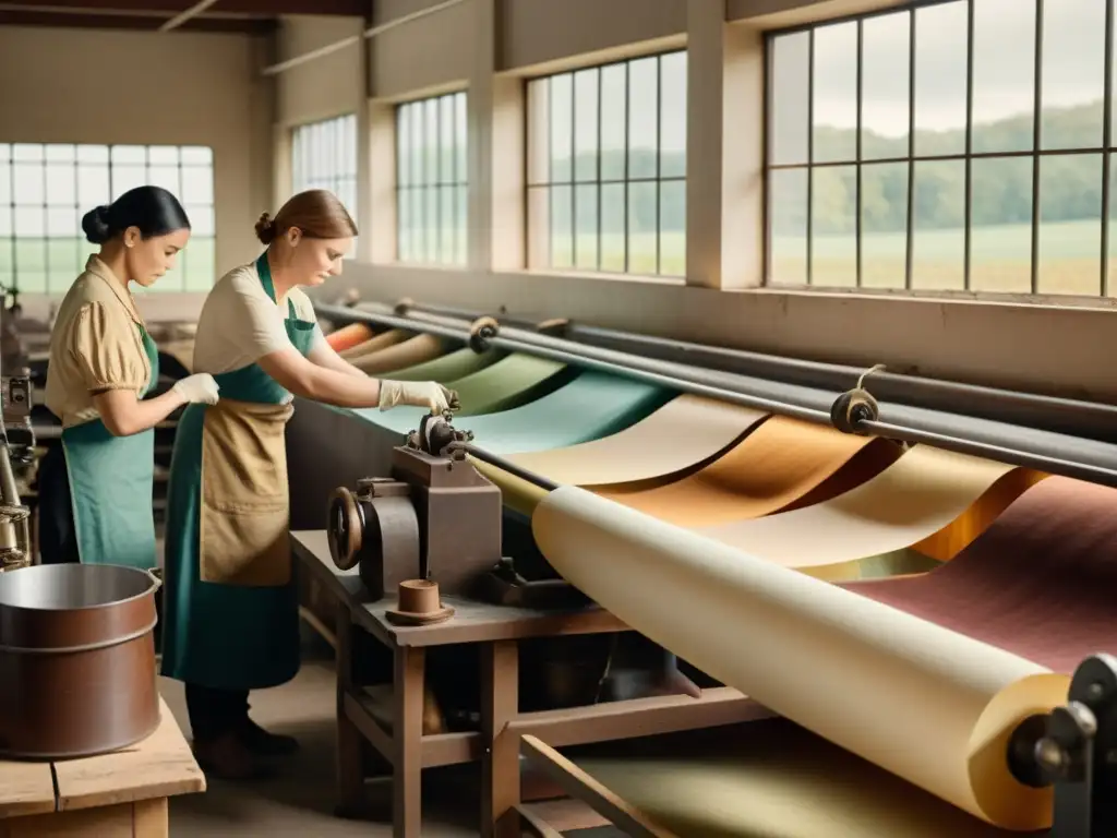 Trabajadores en una fábrica de papel antigua tiñendo papel en tonos únicos, evocando técnicas de fabricación papel tintado