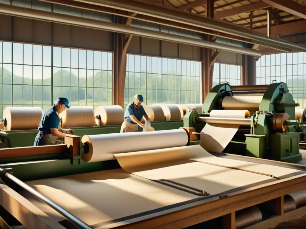 Trabajadores en una fábrica de papel artesanal, rodeados de maquinaria de madera y materias primas, en un ambiente cálido y nostálgico