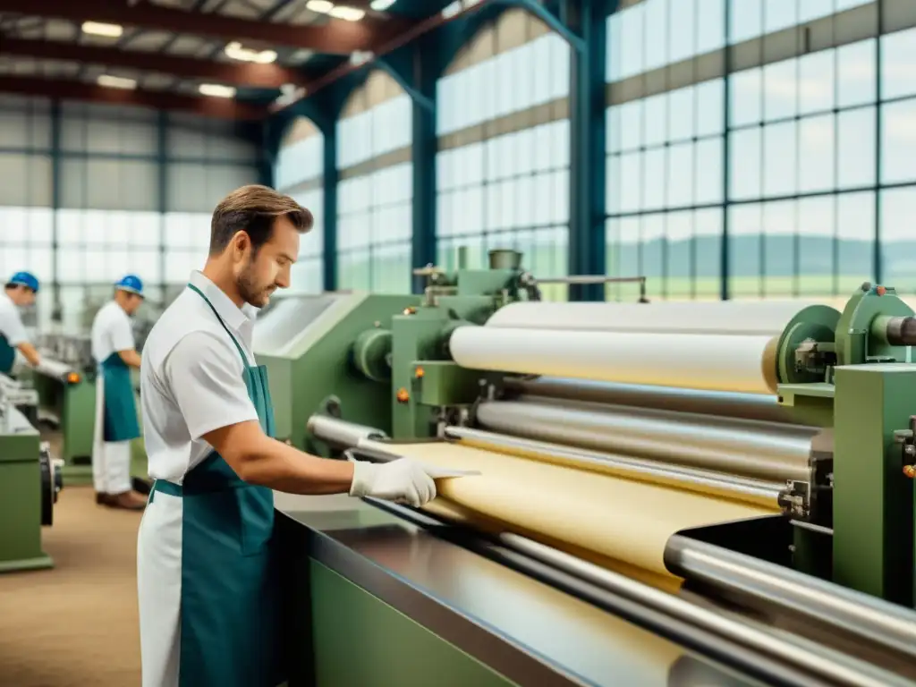 Trabajadores en una fábrica de papel histórica operando maquinaria con nanotecnología, fusionando tradición e innovación