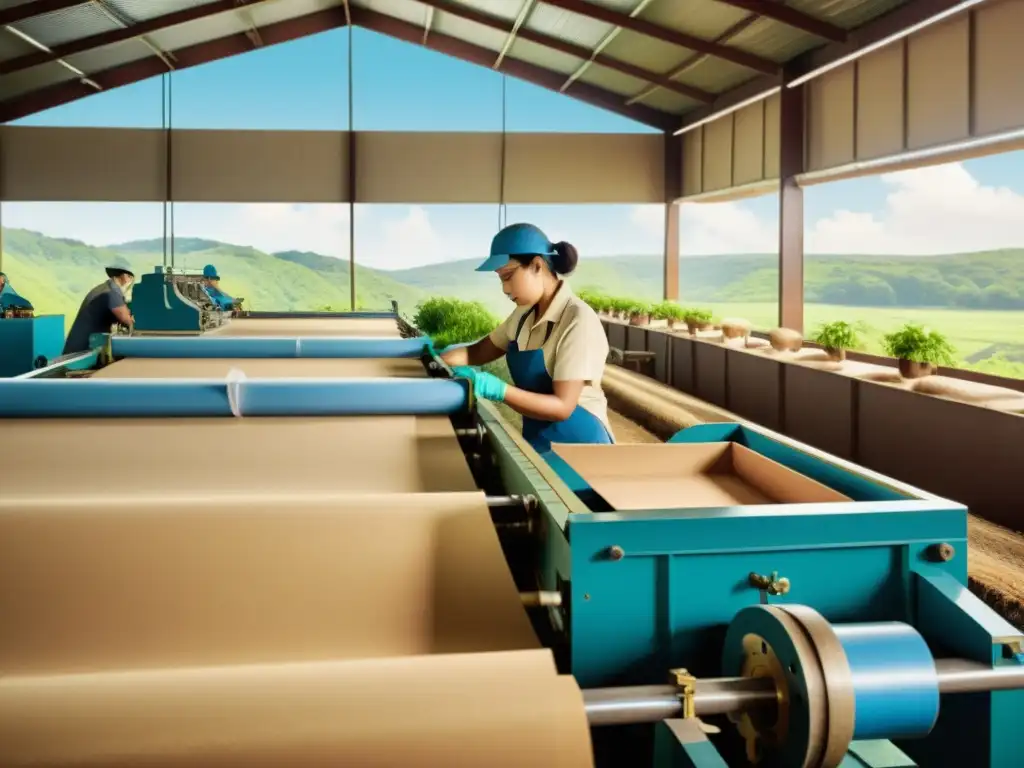 Trabajadores en una fábrica de papel vintage, elaborando productos de papel biodegradable sostenible rodeados de naturaleza exuberante y cielo azul claro, evocando artesanía atemporal y sostenibilidad