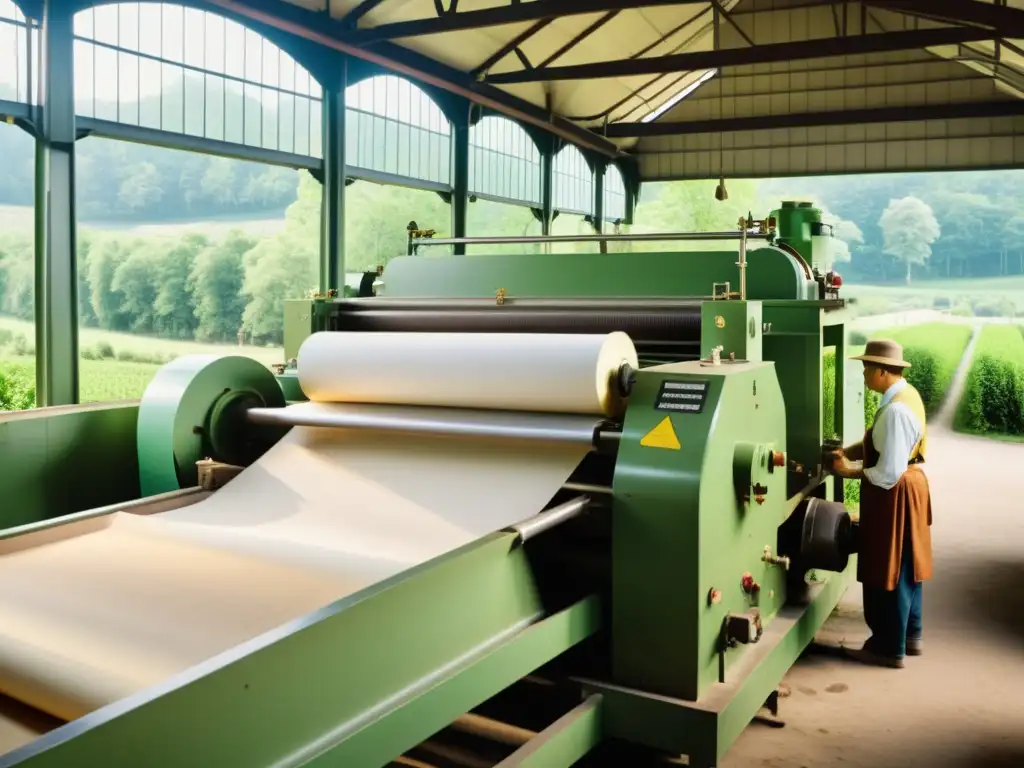 Trabajadores en fábrica de papel vintage rodeada de naturaleza