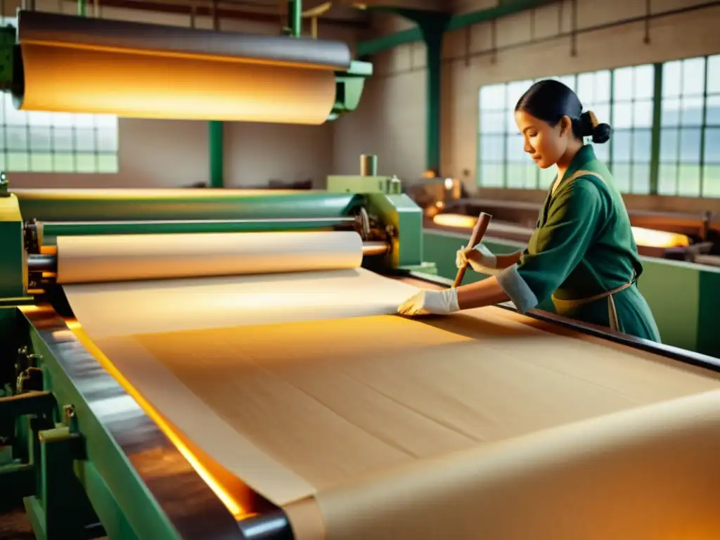 Trabajadores en una fábrica de papel vintage, creando papel biodegradable con herramientas tradicionales