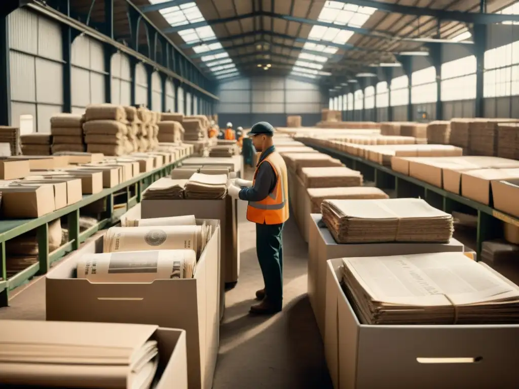 Trabajadores en una fábrica de reciclaje de papel, reutilización del papel en sostenibilidad, ambiente vintage y cálido