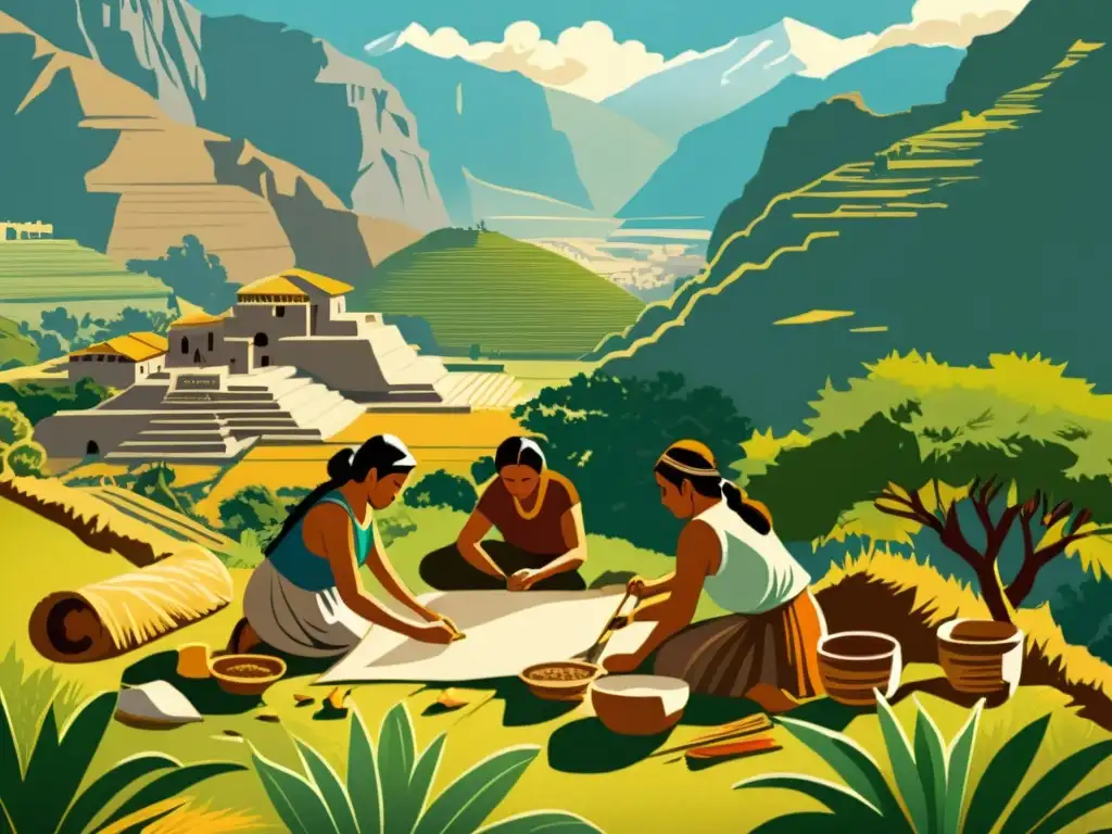 Trabajadores incas y griegos elaborando papel de forma sostenible en paisajes montañosos y rústicos