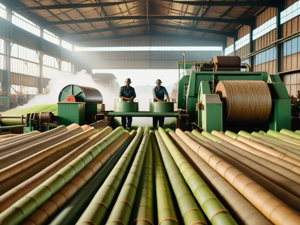 Trabajadores operando maquinaria en una antigua fábrica de papel de caña de azúcar, rodeados de cañas y un ambiente industrial nostálgico