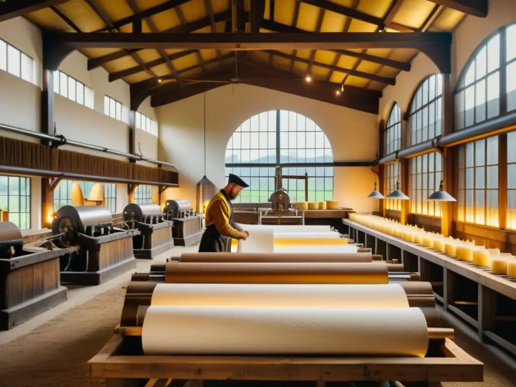 Trabajadores en un molino de papel del siglo XV elaborando papel a mano, con vats y prensas de madera al fondo, iluminados por luz natural