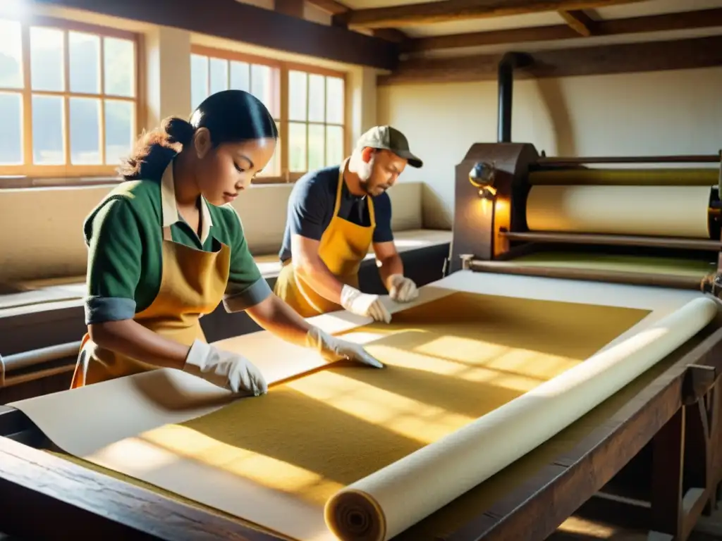 Trabajadores elaborando papel a base de algas en un taller vintage iluminado por el sol, evocando tradición y artesanía