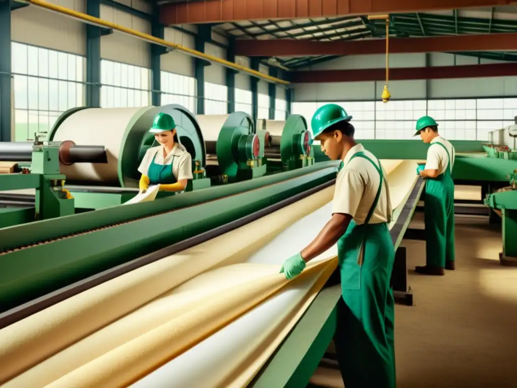 Trabajadores inspeccionando papel biodegradable en una antigua fábrica, resaltando la importancia de la certificación en la industria del papel