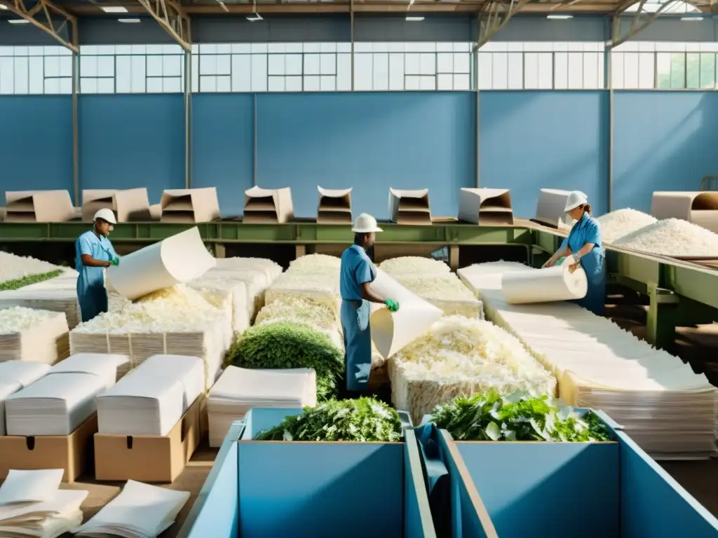 Trabajadores reciclando papel en una fábrica vintage rodeada de naturaleza, mostrando el impacto ambiental del papel reciclado