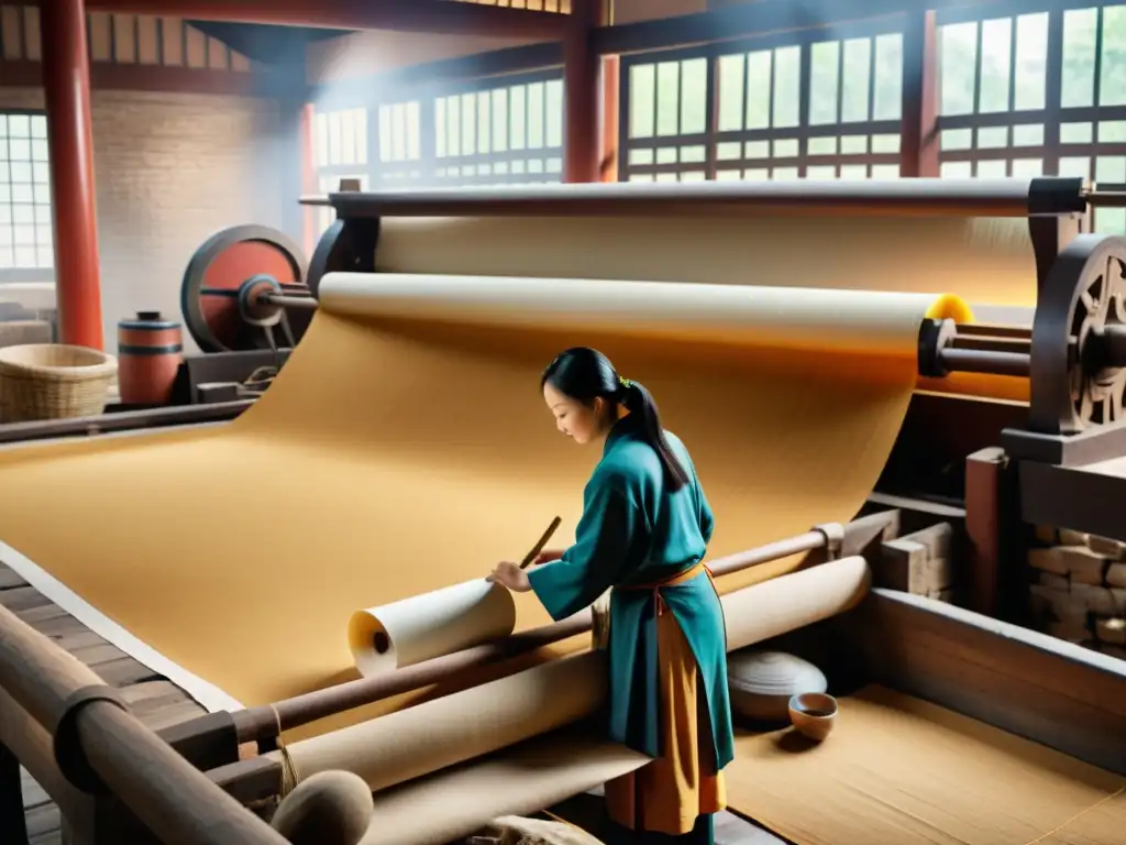 Trabajadores creando papel a mano en una antigua fábrica de papel en China, resaltando el impacto ambiental de los subsidios al papel