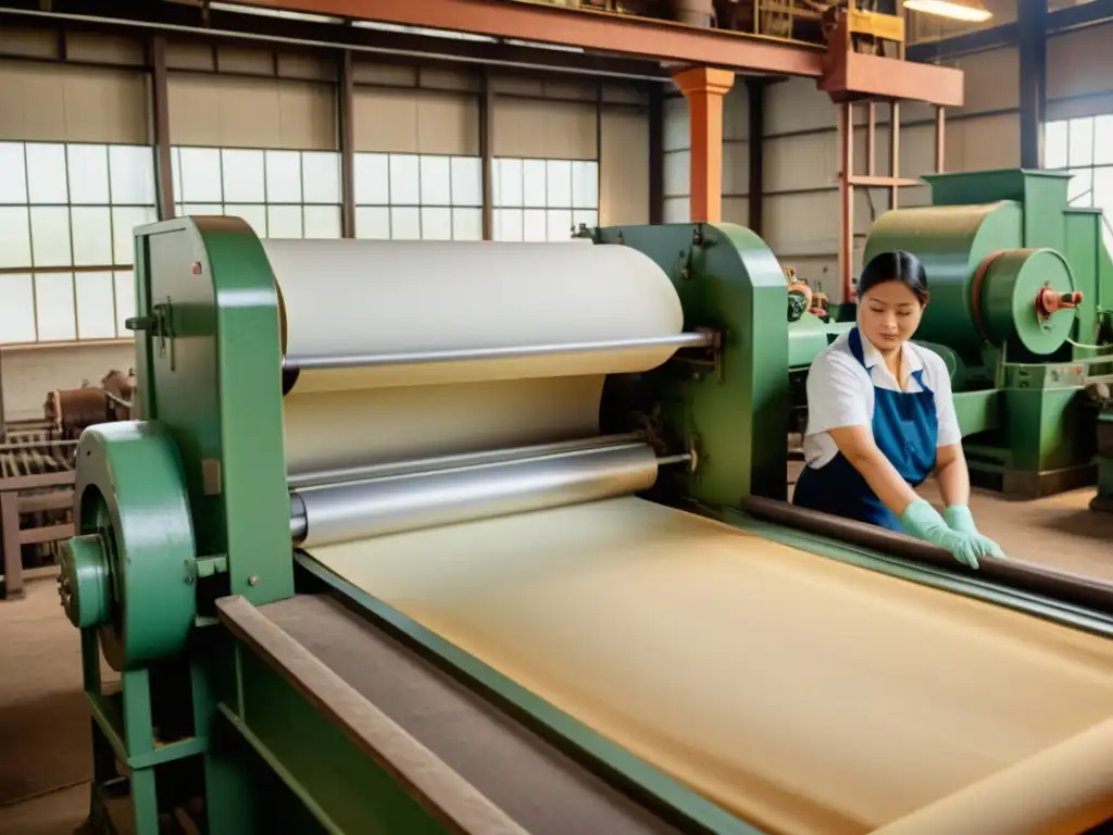 Trabajadores reciclando papel en molino vintage para la producción de libros