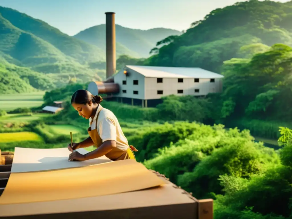 Papel de Piedra: Artesanía Sostenible en Molino Tradicional Trabajadores elaborando papel de piedra sostenible en una antigua fábrica rodeada de exuberante vegetación, evocando artesanía y armonía ambiental