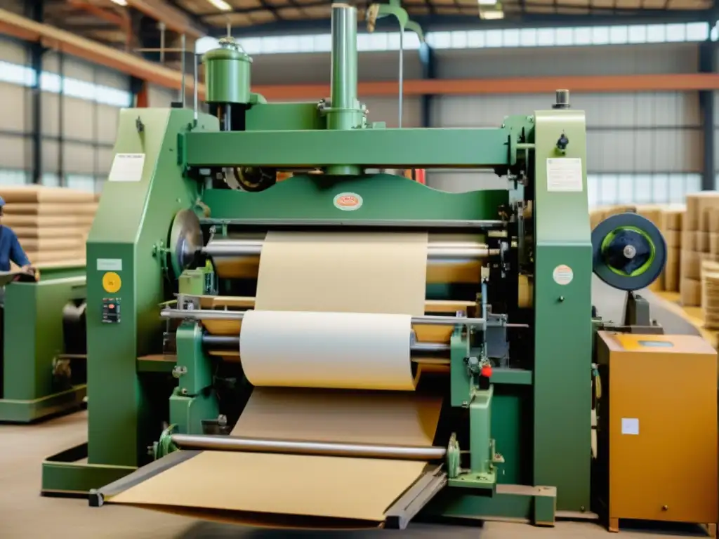 Trabajadores inspeccionan papel premium sostenible en imprenta vintage, transmitiendo calidad y responsabilidad en educación verde