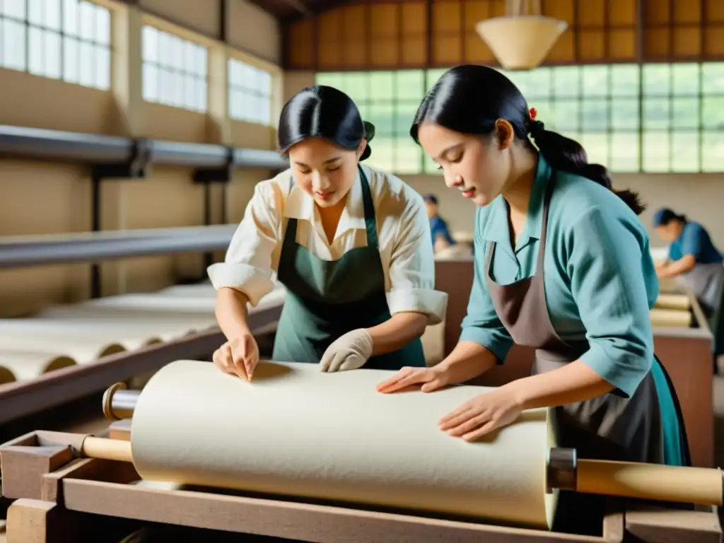 Trabajadores elaborando papel reciclado en una antigua fábrica, evocando tradición y sostenibilidad