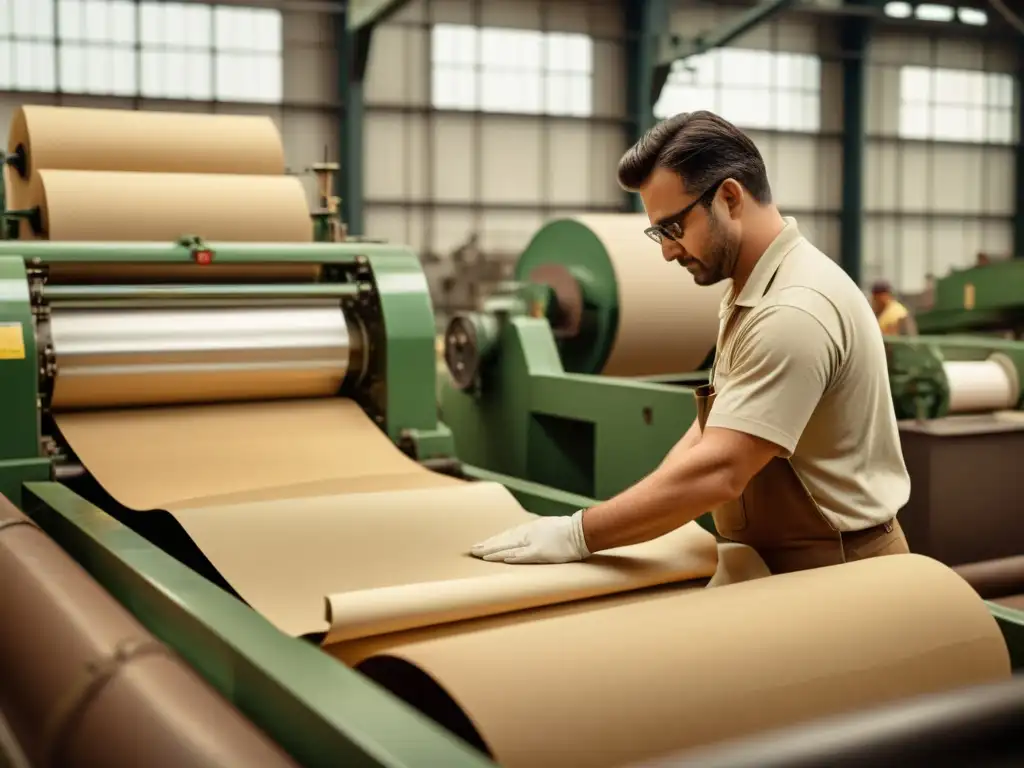 Trabajadores inspeccionan papel reciclado en antigua fábrica, mostrando mercado global de papel