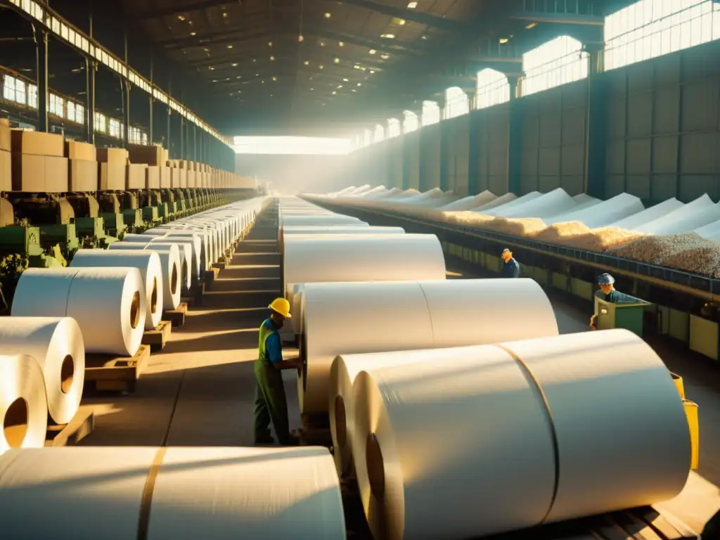 Trabajadores clasificando papel reciclado en una fábrica vintage, transmitiendo la importancia de la producción papel reciclado impacto ambiental