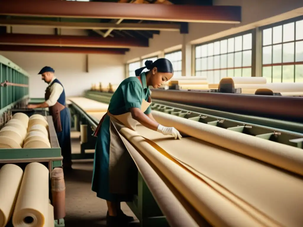 Trabajadores elaboran papel reciclado en molino vintage, evocando historia y artesanía