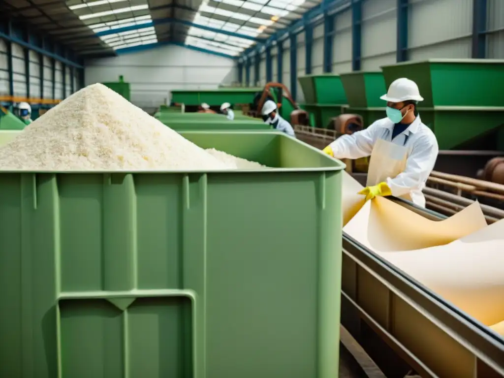 Trabajadores en planta de reciclaje de papel, rodeados de naturaleza, realizando blanqueamiento ecológico en reciclaje papel