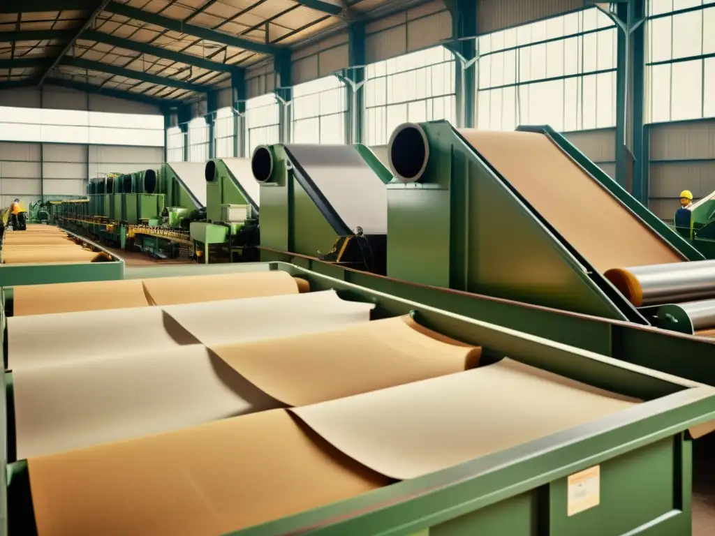 Trabajadores en planta de reciclaje de papel con maquinaria vintage