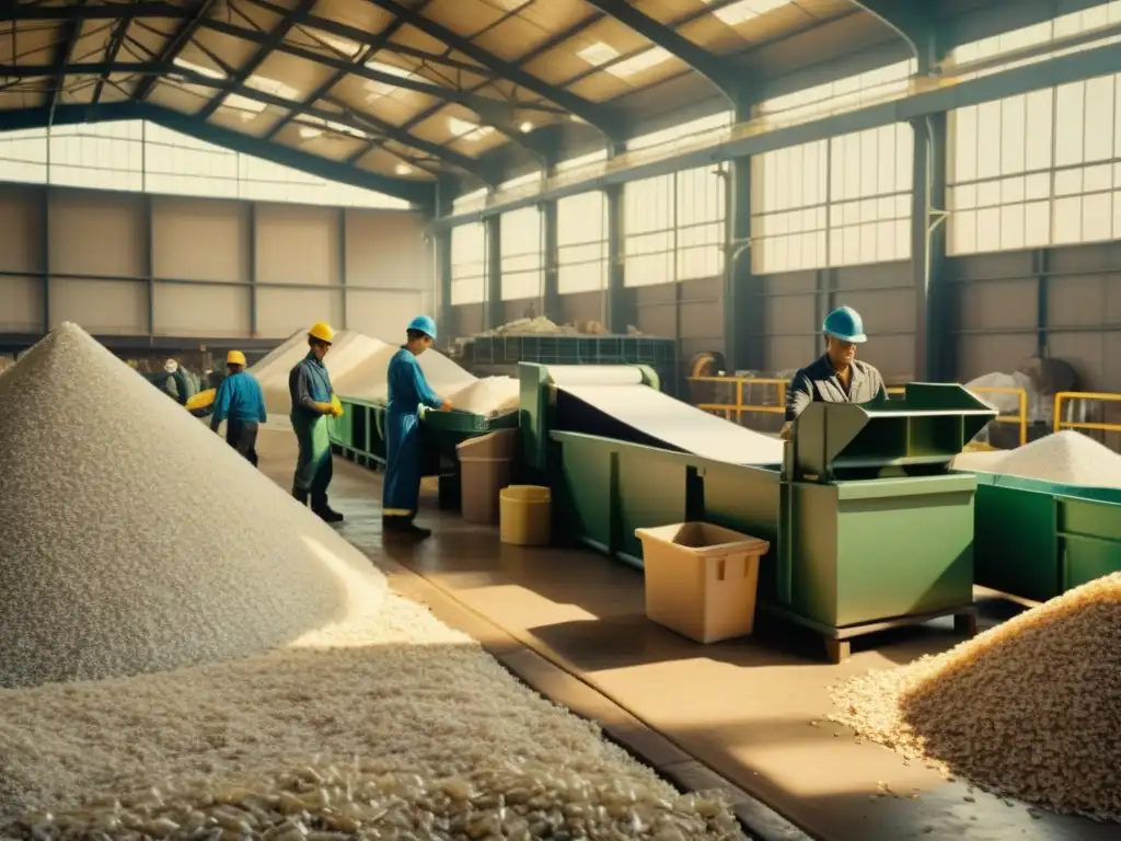 Trabajadores clasificando plástico reciclado en una fábrica de papel, rodeados de montones de plástico y papel reciclado