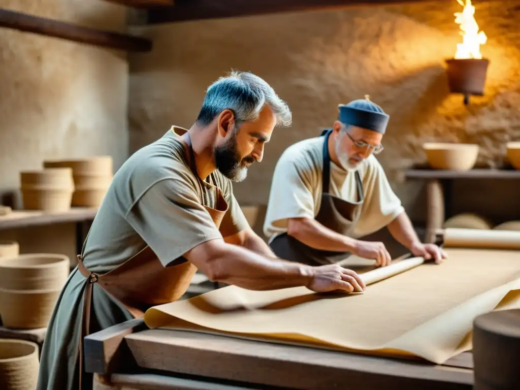 Trabajadores romanos elaborando papel en molino