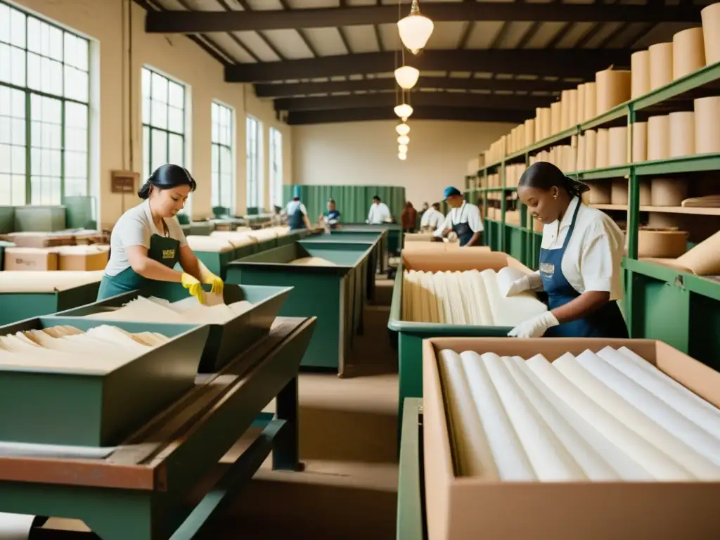 Trabajadores en un taller de reciclaje de papel, evocando la evolución del papel reciclado en un ambiente histórico y nostálgico