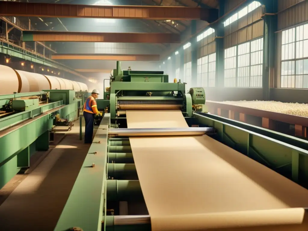 Trabajadores usando técnicas innovadoras en el reciclaje de papel en una antigua fábrica, evocando nostalgia y avances en la producción de papel