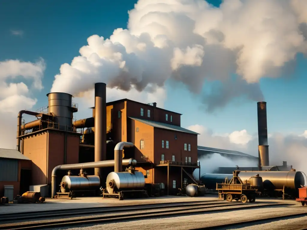 Trabajadores en vieja fábrica de papel reciclado con maquinaria y nubes de vapor, evocando historia y ecoinnovación