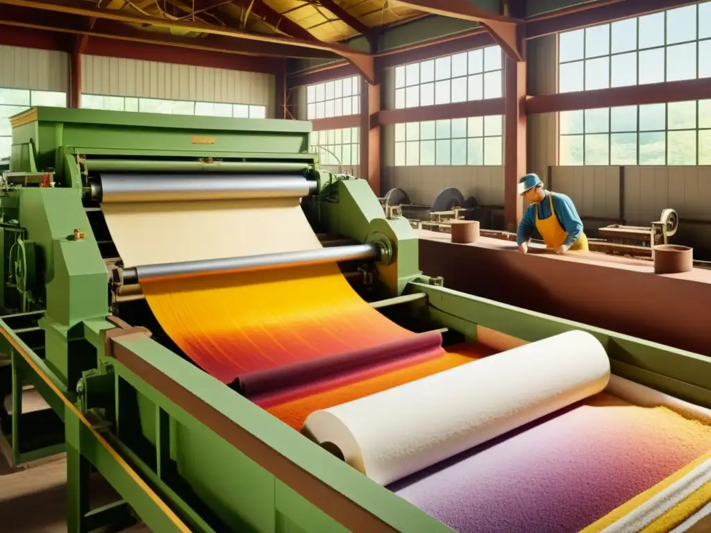 Trabajo artesanal en una antigua fábrica de papel, evocando la evolución de colorantes en la fabricación de papel con tonos cálidos y tradicionales