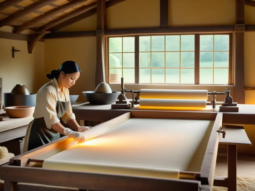 Trabajo artesanal en taller de papel antiguo con maquinaria y trabajadores, resaltando la evolución del papel en la historia