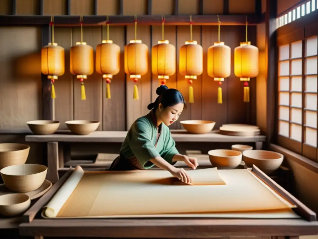 Trabajo artesanal en taller de papel antiguo en China, con técnicas ancestrales y ambiente sereno iluminado por linternas