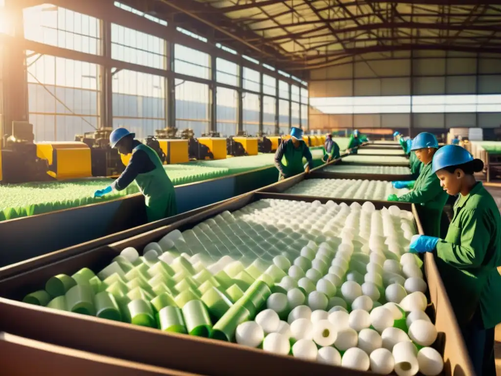 Trabajo en fábrica de papel vintage con trabajadores clasificando plásticos y papeles reciclados