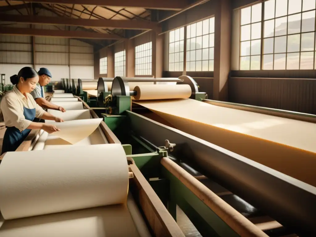 Tradicional fábrica de papel en operación, trabajadores artesanales elaborando papel en grandes tinas