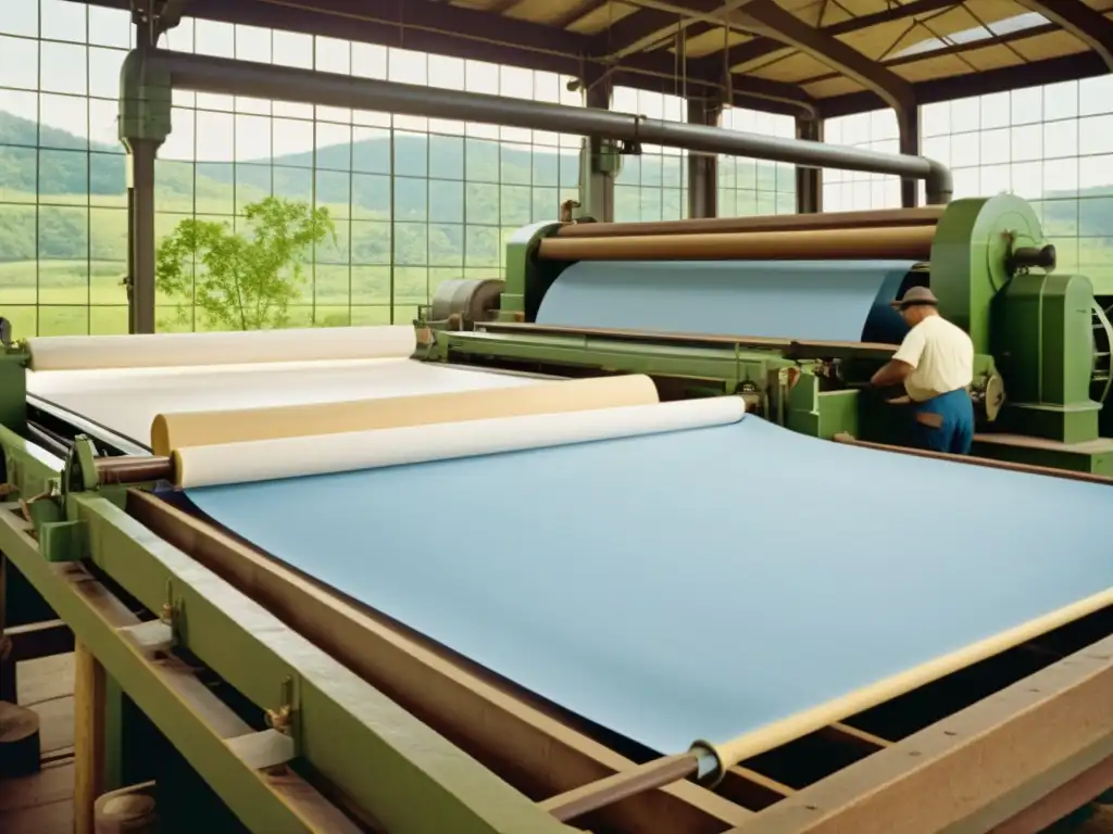 Tradicional fábrica de papel con trabajadores artesanales, resaltando la evolución del papel en la historia