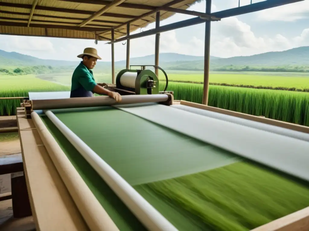 Tradicional molino de papel rodeado de naturaleza, reflejando la artesanía y sostenibilidad del papel de lino y algodón