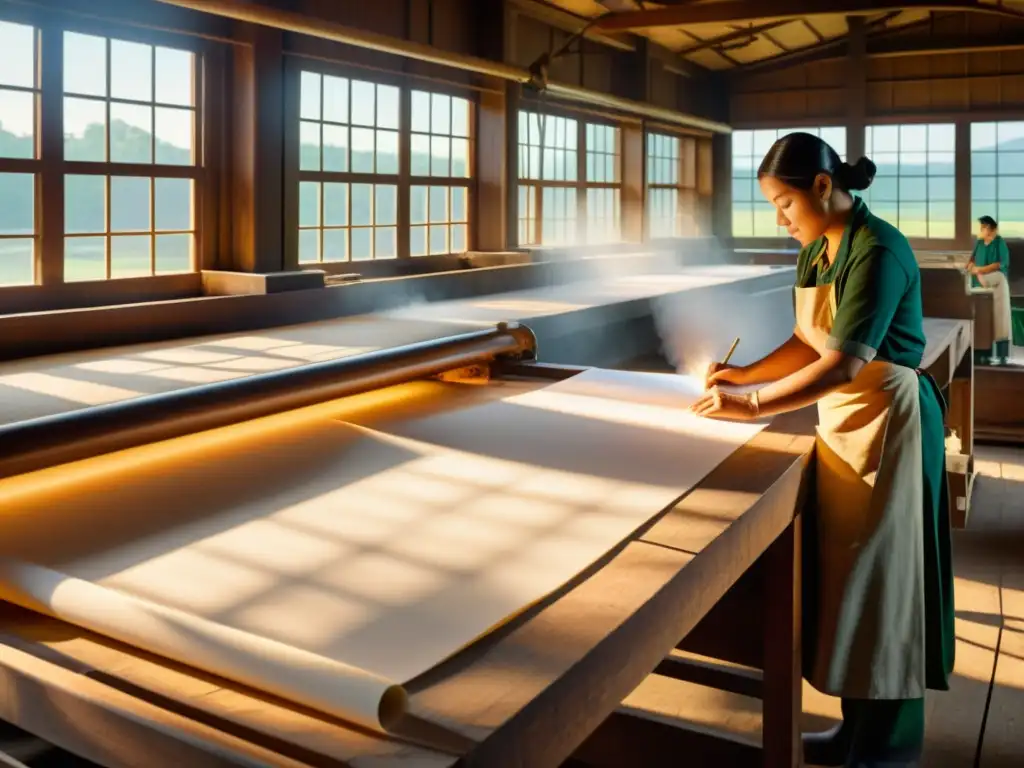 Tradicional papelera con trabajadores elaborando filigranas en papel, iluminada por cálida luz natural