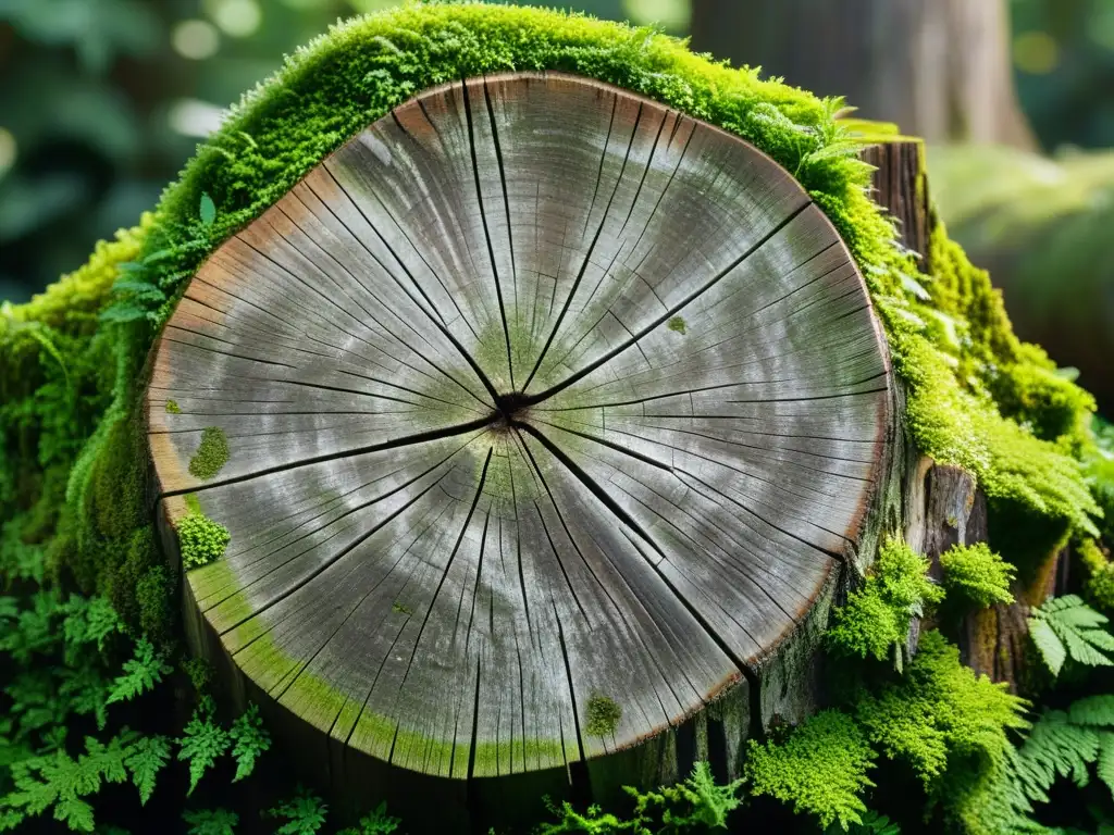 Un tronco de árbol antiguo con anillos de crecimiento visibles, rodeado de exuberante vegetación y luz filtrada