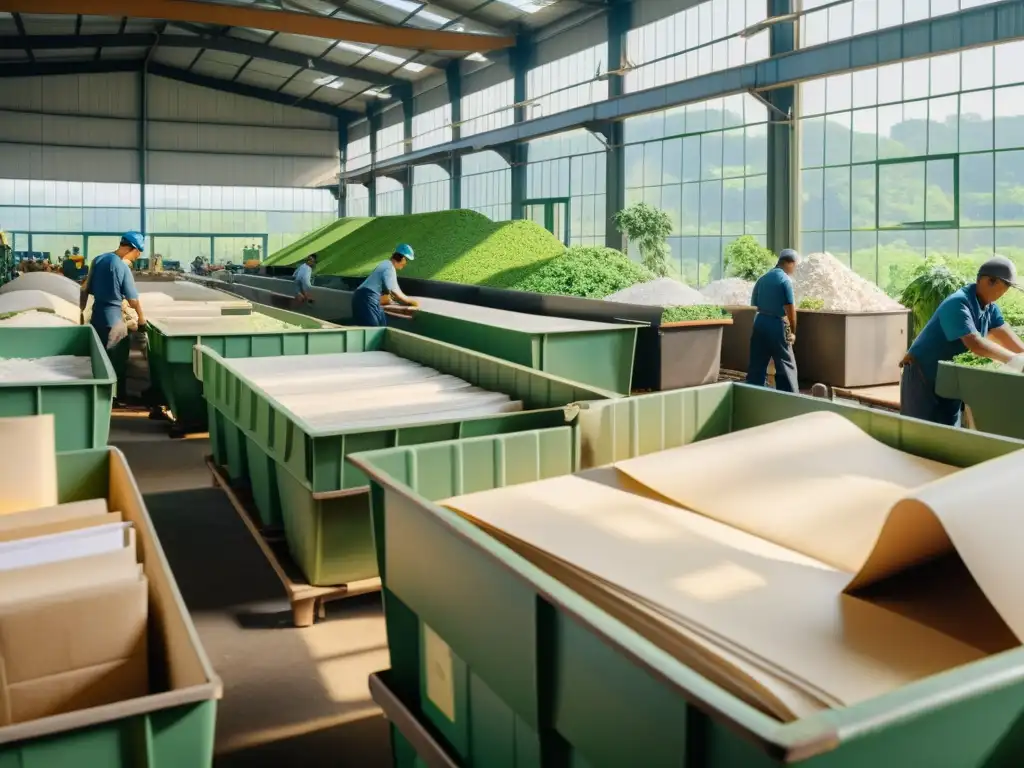 Vibrante fábrica de papel reciclado, con trabajadores y maquinaria vintage en medio de exuberante vegetación