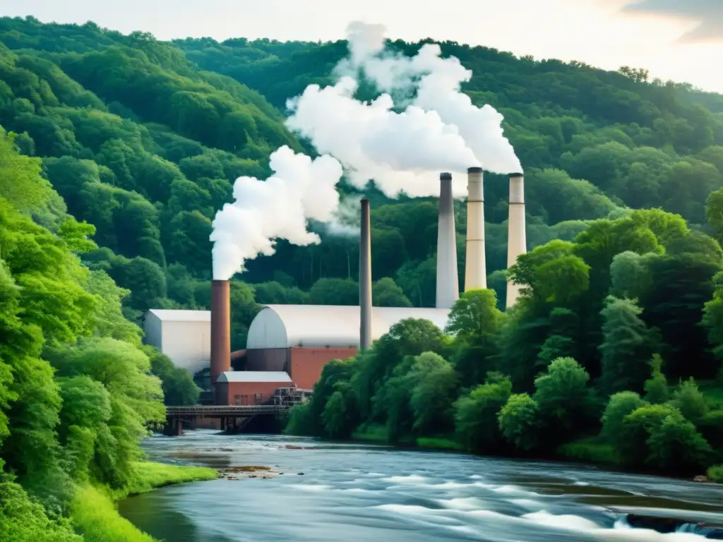 Vieja fábrica de papel con humeantes chimeneas, rodeada de naturaleza exuberante y un río